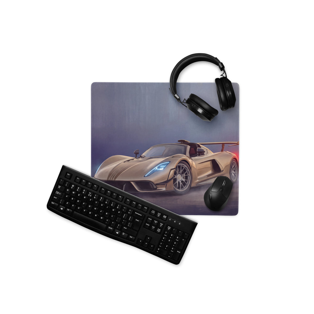 Hennessey Venom F5 inspired champagne edition matte cloth gaming mousepad with gold hypercar graphic and glowing lights