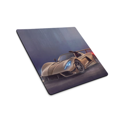 Hennessey Venom F5 inspired champagne edition low friction cloth mousepad with gold sports car and glowing blue headlights