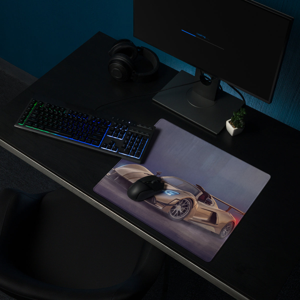 Hennessey Venom F5 inspired champagne edition rectangular low-friction cloth gaming mousepad with tan sports car design and blue accents