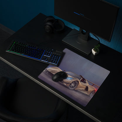 Hennessey Venom F5 inspired champagne edition rectangular low-friction cloth gaming mousepad with tan sports car design and blue accents