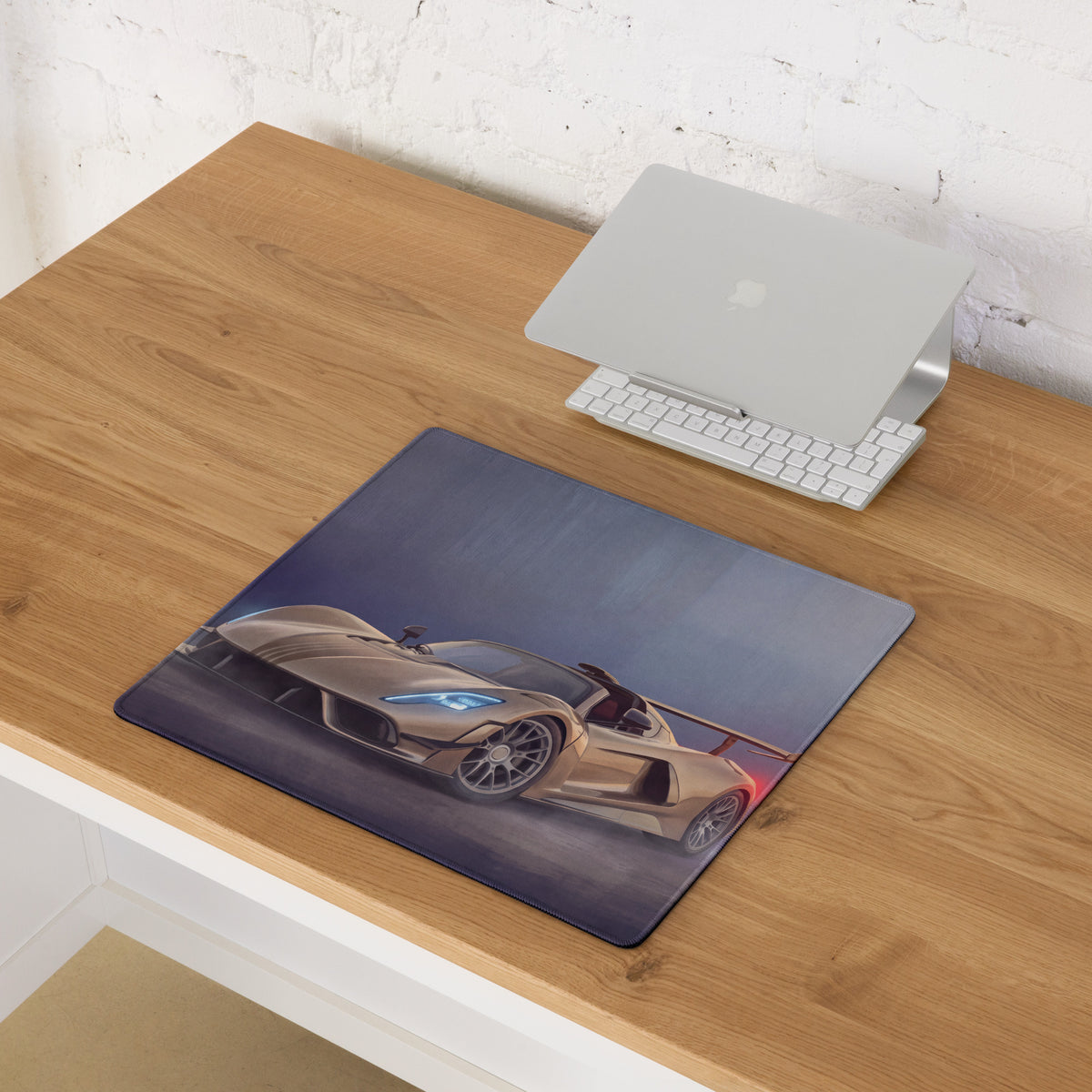 Hennessey venom f5 inspired champagne edition low-friction cloth mousepad with gold sports car and glowing blue headlights