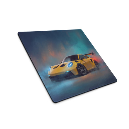 Yellow porsche 911 gt3 rs inspired speed desk mat with printed sports car graphic on high-precision xl gaming mousepad