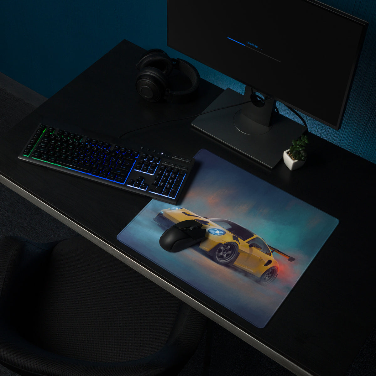 Yellow sports car graphic on porsche 911 gt3 rs inspired speed yellow rectangular desk mat xl gaming mousepad