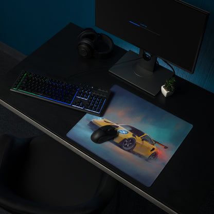 Yellow sports car graphic on porsche 911 gt3 rs inspired speed yellow rectangular desk mat xl gaming mousepad