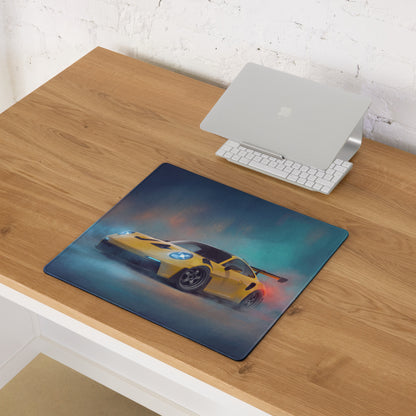 Yellow sports car graphic on dark blue porsche 911 gt3 rs inspired speed yellow xl gaming mousepad