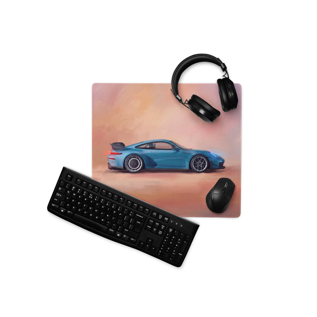 Blue sports car illustration on a rectangular high-precision xl gaming mousepad inspired by Porsche 911 GT3 Riviera Sunset