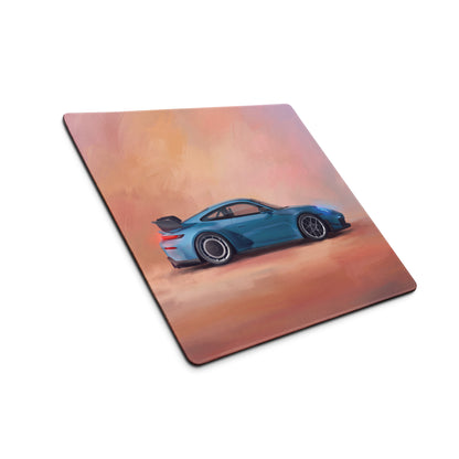 Blue porsche sports car illustration on a high precision square gaming mousepad for desktop use
