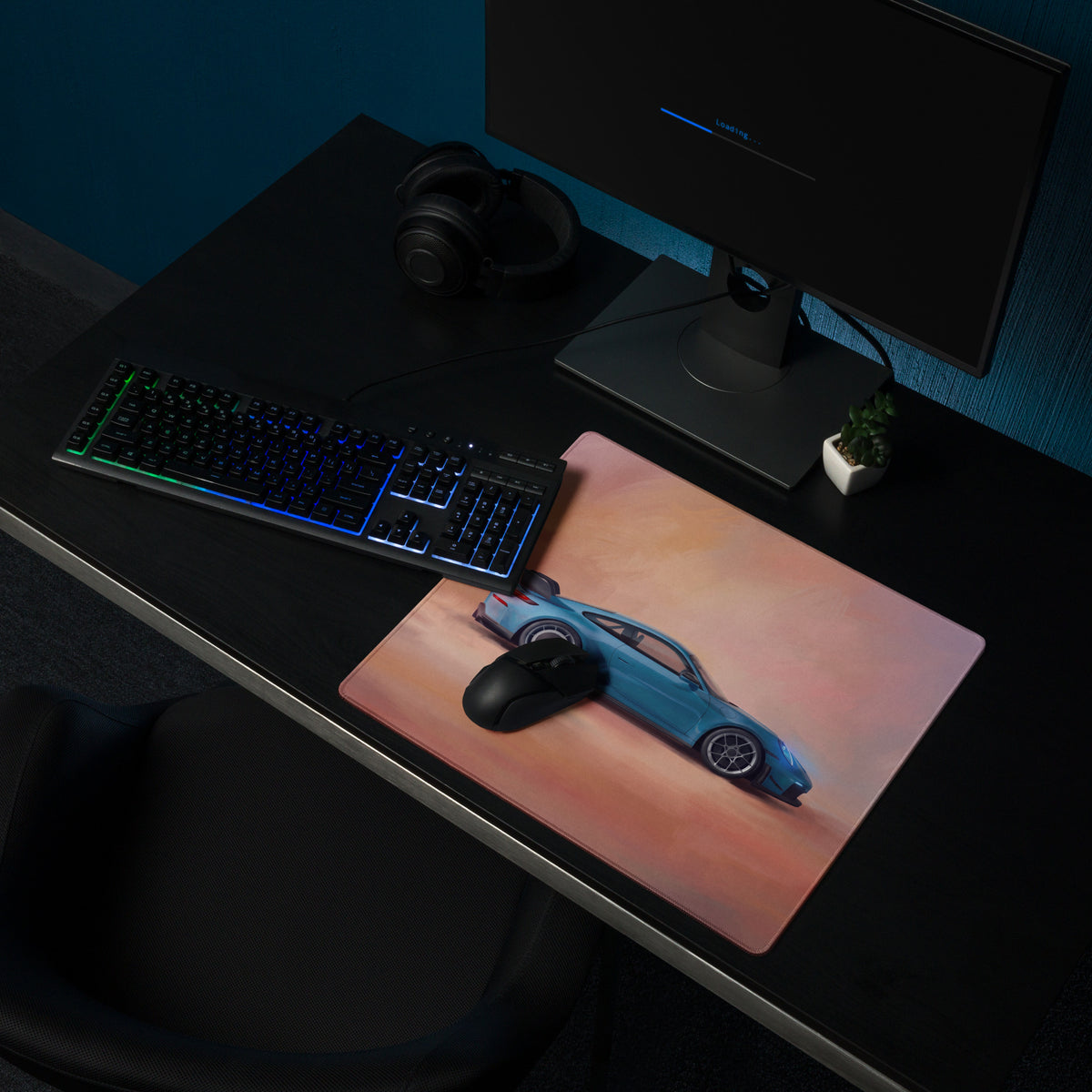 Blue sports car graphic mousepad featuring Porsche 911 GT3 inspired design on high-precision XL gaming desk mat