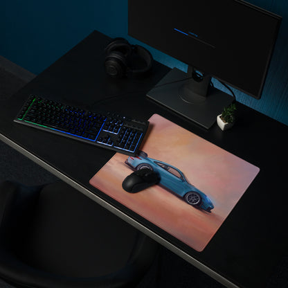 Blue sports car graphic mousepad featuring Porsche 911 GT3 inspired design on high-precision XL gaming desk mat