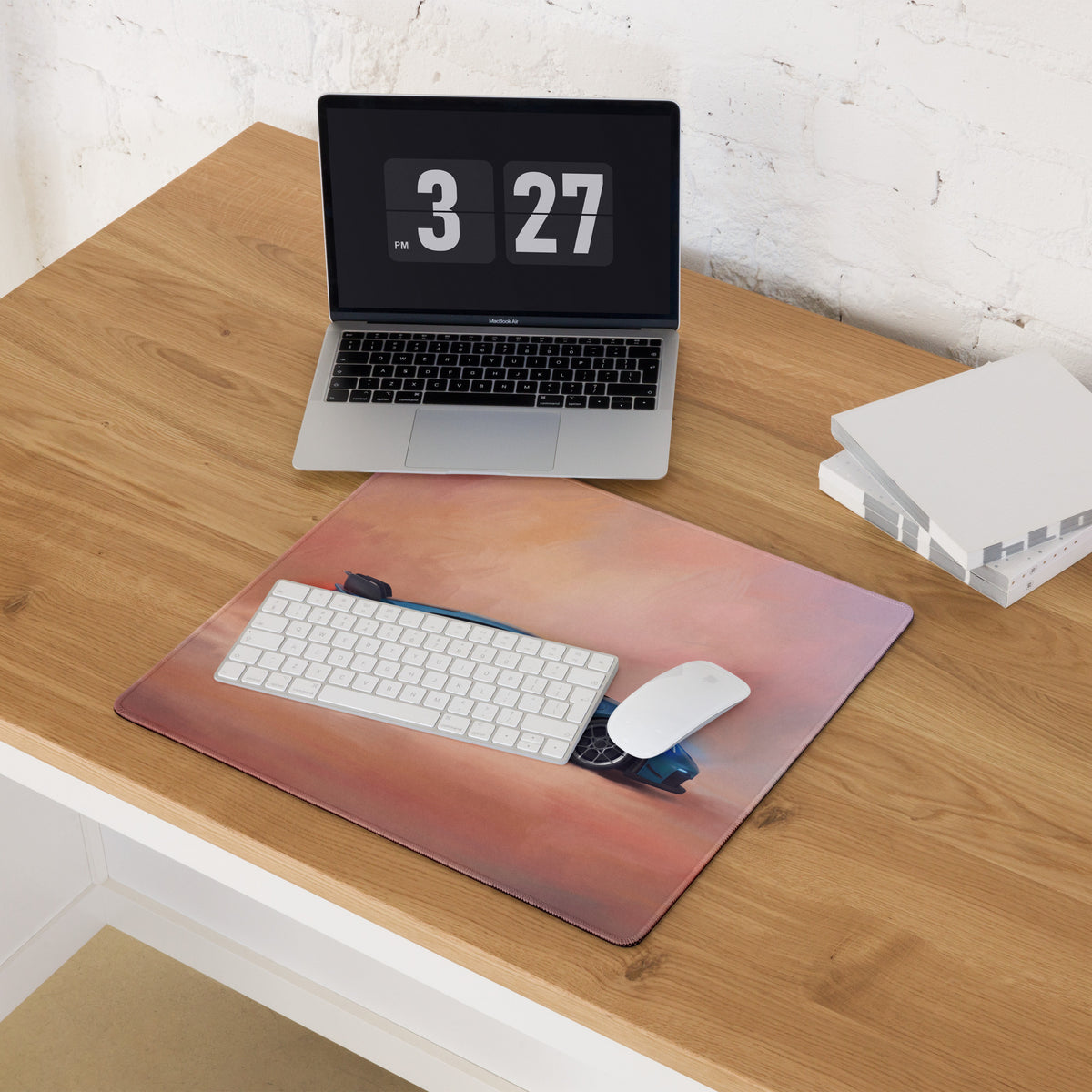 Rectangular high-precision xl gaming mousepad with gradient pink to orange sky and blue porsche 911 gt3 car silhouette