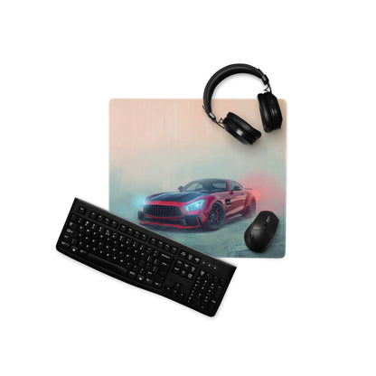 Red and black mercedes-amg gt inspired carmine beast extended non-slip desk pad with glowing blue and red accents