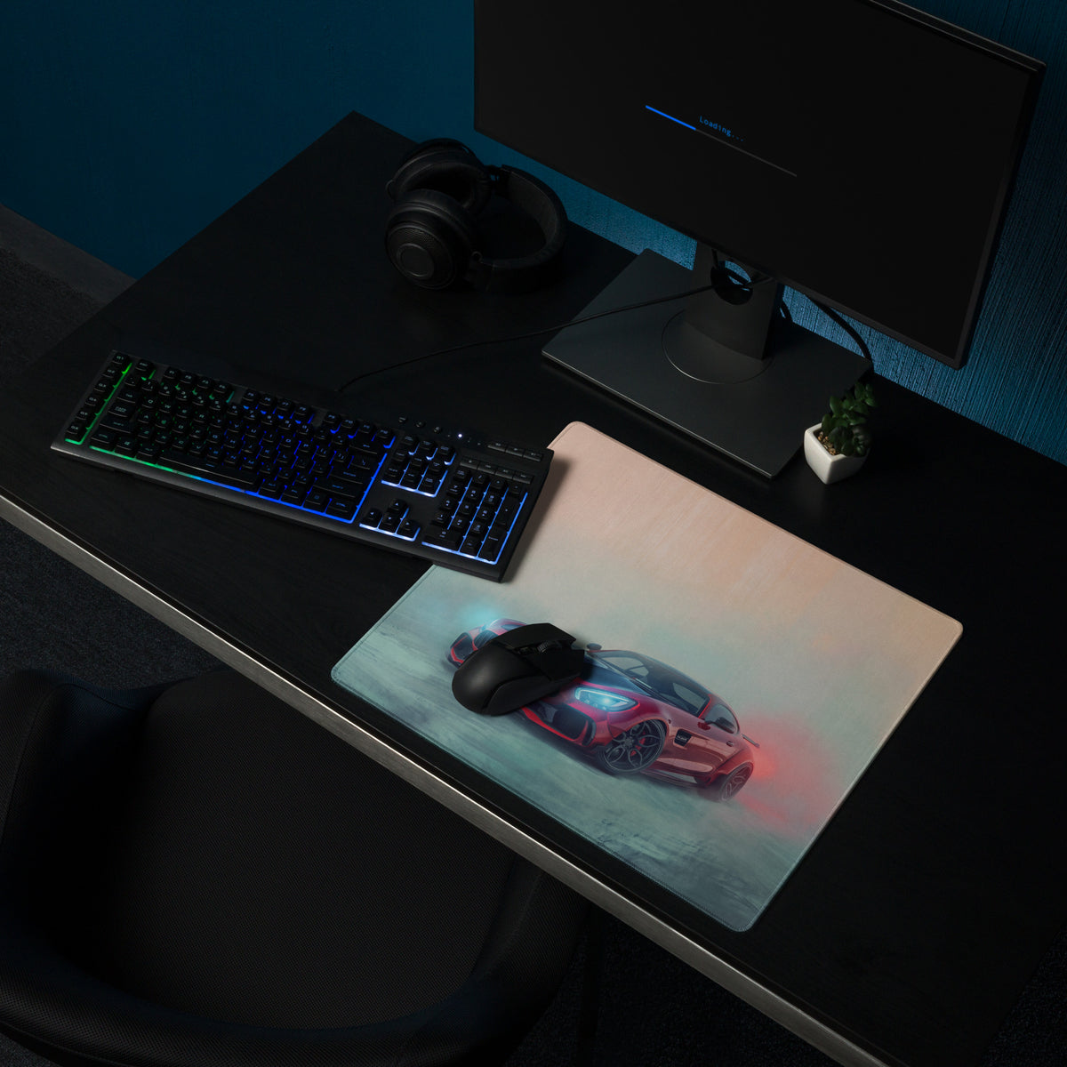 Mercedes-AMG GT inspired carmine beast extended red sports car graphic desk pad with black gaming mouse on top