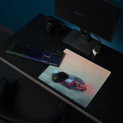 Mercedes-AMG GT inspired carmine beast extended red sports car graphic desk pad with black gaming mouse on top