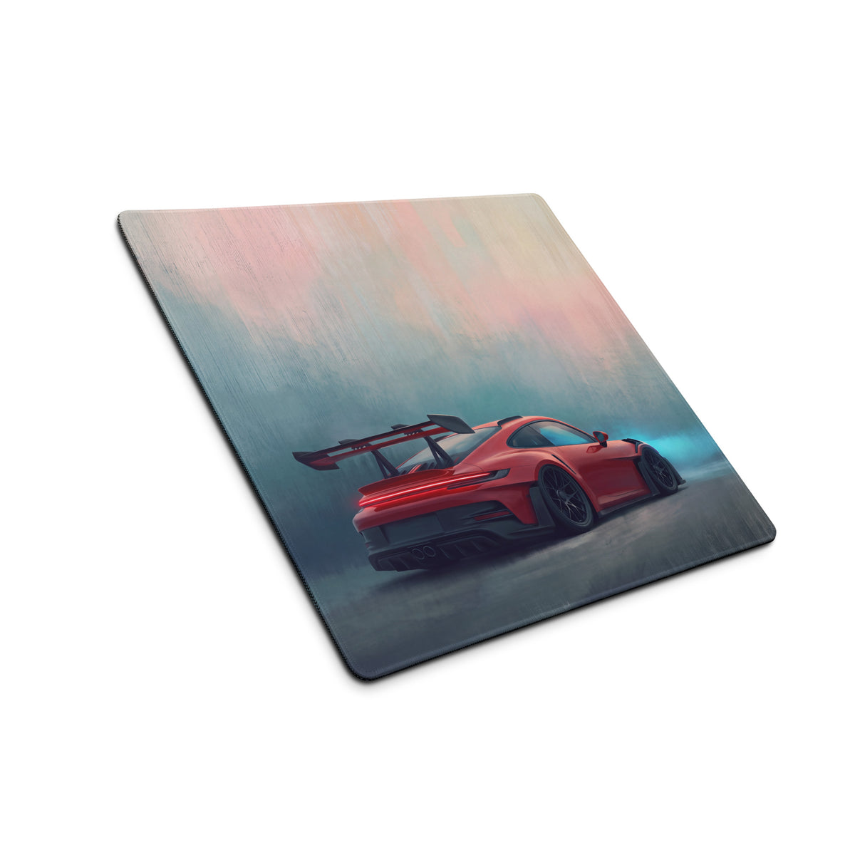 Porsche 911 gt3 rs inspired crimson apex desk mat with red sports car graphic and soft edges for high precision gaming