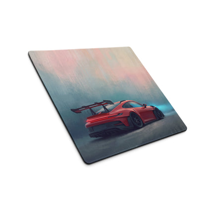 Porsche 911 gt3 rs inspired crimson apex desk mat with red sports car graphic and soft edges for high precision gaming