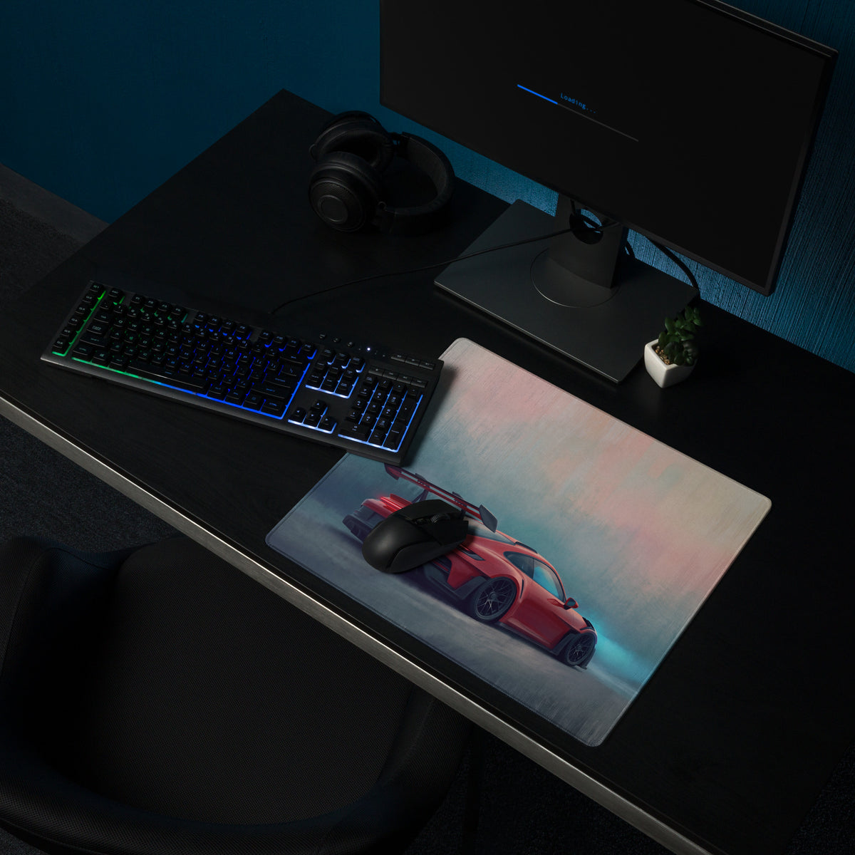 Porsche 911 gt3 rs inspired crimson apex desk mat featuring a red sports car graphic on a glossy rectangular mousepad
