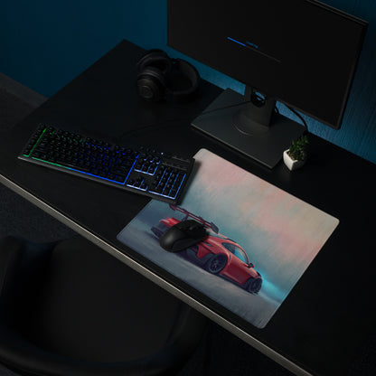 Porsche 911 gt3 rs inspired crimson apex desk mat featuring a red sports car graphic on a glossy rectangular mousepad