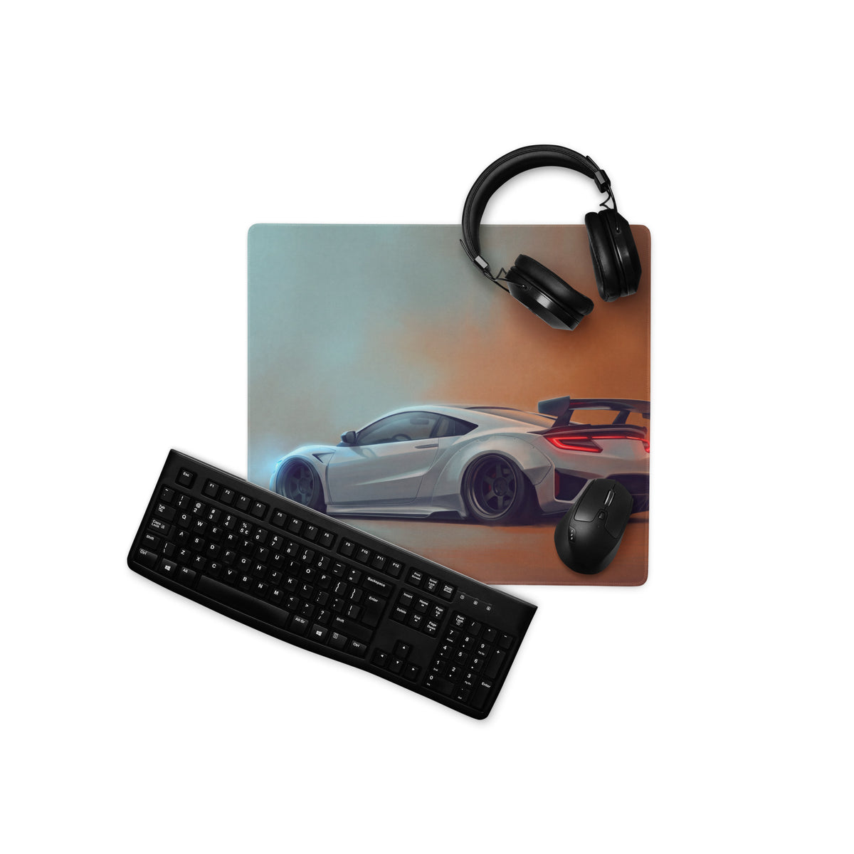 A sleek rectangular acura nsx inspired pearl widebody desk pad with ultra-glide stitched edge and white sports car graphics