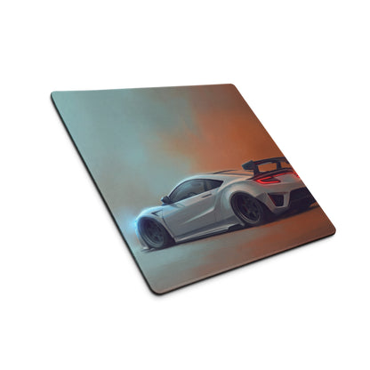 Acura nsx inspired pearl widebody desk pad mouse mat with stitched edges featuring a white sports car illustration