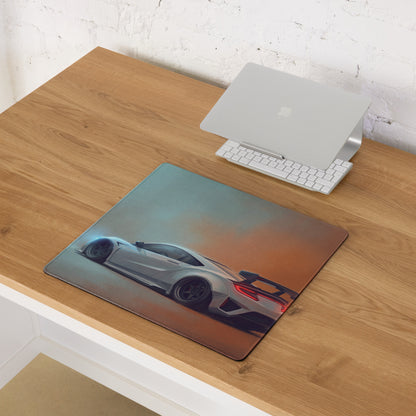 Acura NSX inspired pearl widebody desk pad with ultra-glide stitched edge featuring silver sports car graphic
