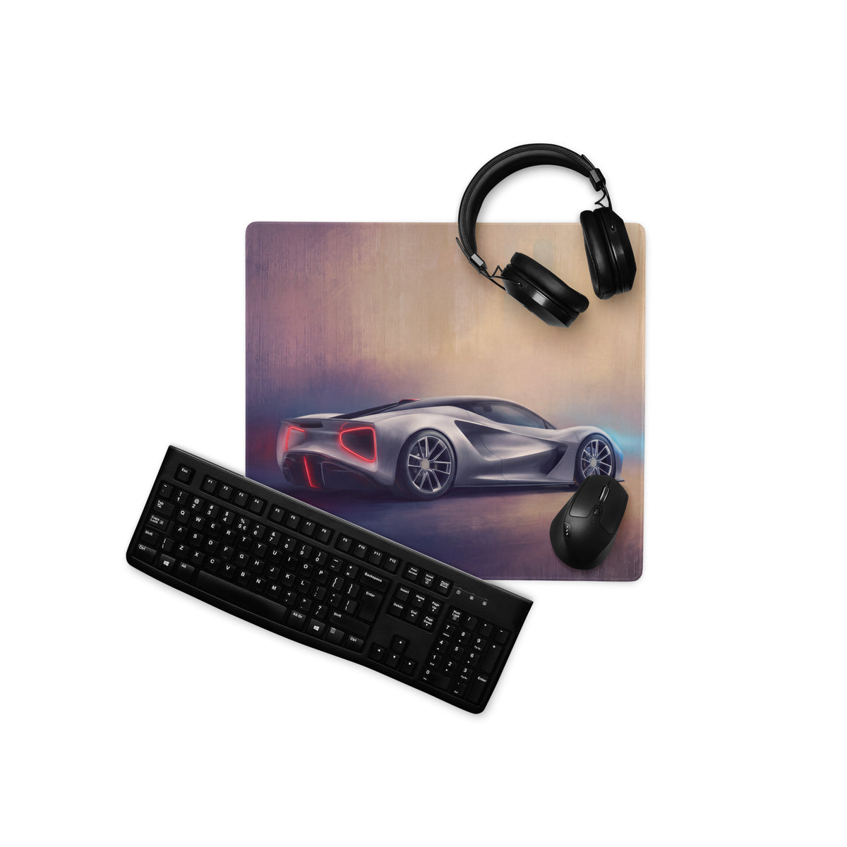 Silver futuristic Lotus Evija inspired sports car graphic printed on low-friction cloth desk mat mousepad
