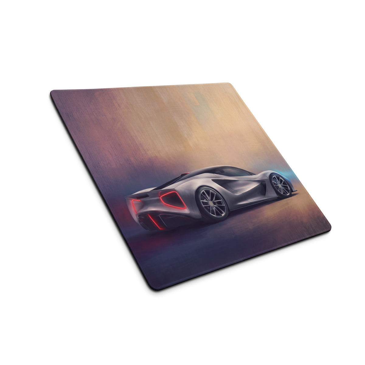 Lotus evija inspired electric silver desk mat featuring a silver sports car graphic on a warm to cool gradient mousepad