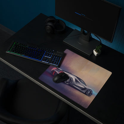 Lotus Evija inspired electric silver low-friction cloth gaming mousepad with a detailed futuristic sports car graphic