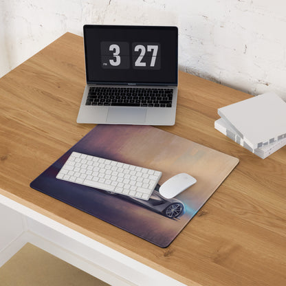 Rectangular low-friction cloth desk mat featuring a sleek black sports car on a gradient background inspired by lotus evija