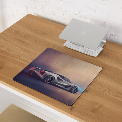 Rectangular low-friction cloth desk mat featuring a high detail silver Lotus Evija inspired sports car on gradient background
