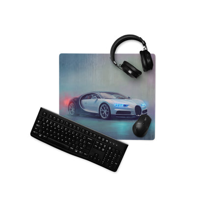 A sleek rectangular bugatti chiron inspired glacier blue desk pad with glowing headlights and stitched edge for gaming