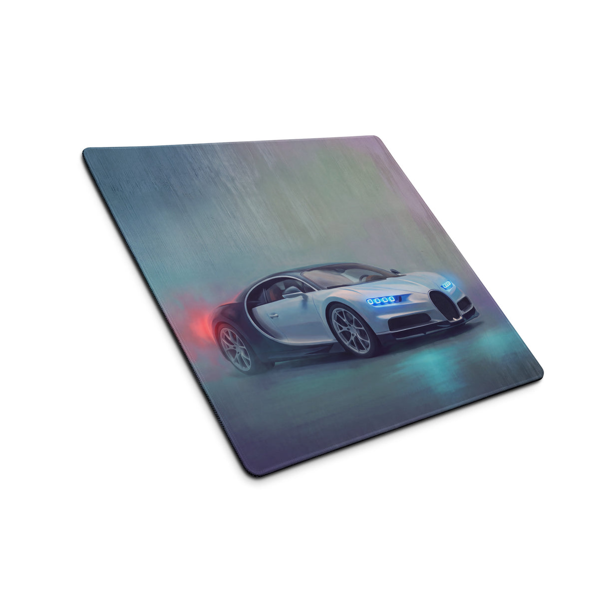 Bugatti Chiron inspired glacier blue desk pad with silver sports car graphic and ultra-glide stitched edge for gaming