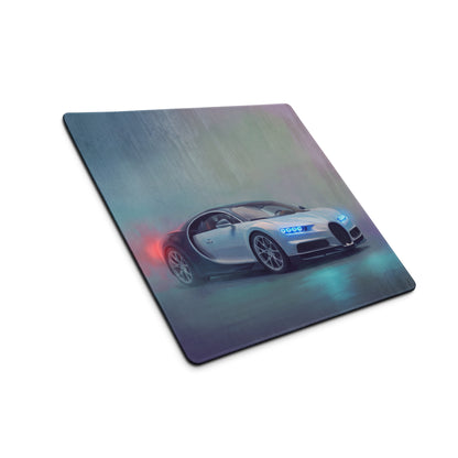 Bugatti Chiron inspired glacier blue desk pad with silver sports car graphic and ultra-glide stitched edge for gaming