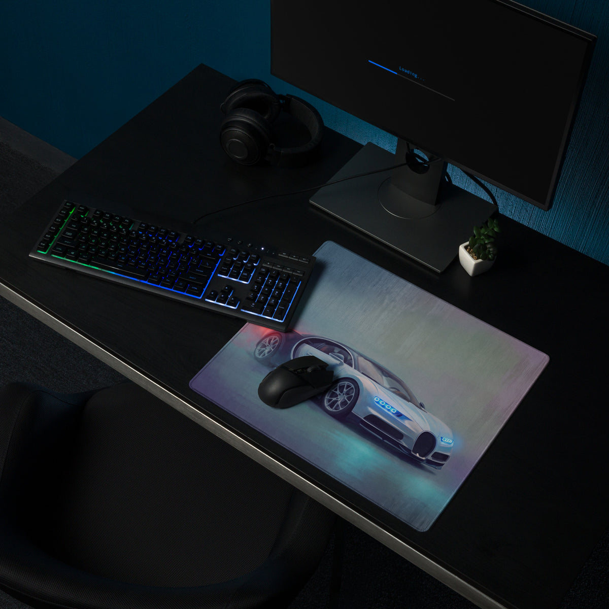 A sleek rectangular bugatti chiron inspired glacier blue gaming mousepad with stitched edges and glowing blue accents