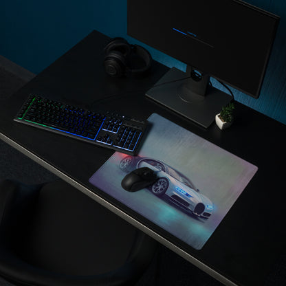 A sleek rectangular bugatti chiron inspired glacier blue gaming mousepad with stitched edges and glowing blue accents