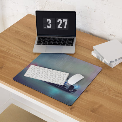 A sleek rectangular bugatti chiron inspired glacier blue desk pad with vibrant futuristic sports car graphic and stitched edges