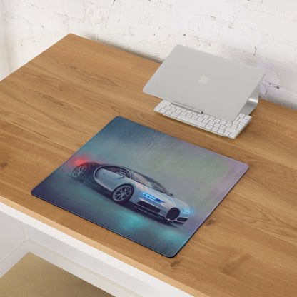 A sleek rectangular bugatti chiron inspired glacier blue desk pad with a vibrant white car graphic and stitched edges