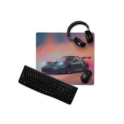 Dark green porsche 911 gt3 rs graphic on extended non-slip gaming mousepad with vibrant orange and blue gradient background
