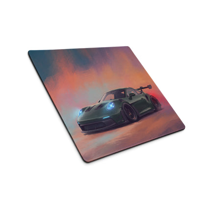 Green porsche 911 gt3 rs inspired irish green desk pad with sports car graphic and gradient sky background mouse mat