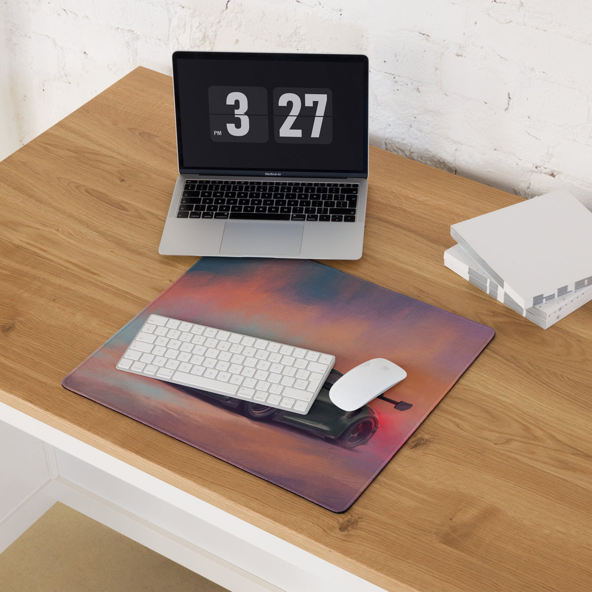Rectangular porsche 911 gt3 rs inspired irish green desk pad with vibrant sunset sky and black camera silhouette design