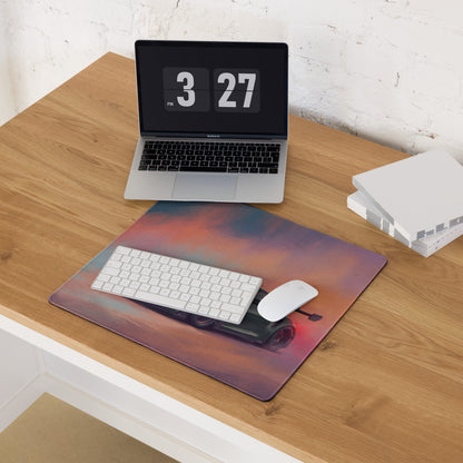 Rectangular porsche 911 gt3 rs inspired irish green desk pad with vibrant sunset sky and black camera silhouette design