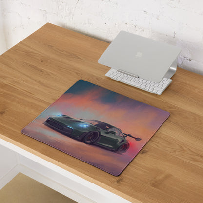 Rectangular non-slip mousepad featuring a vibrant dark green porsche 911 gt3 rs sports car illustration on a gradient sky
