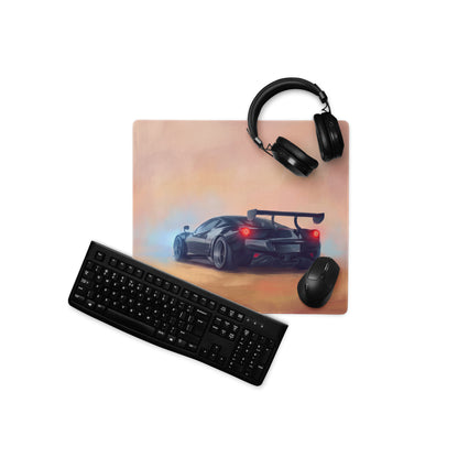 Black racing car graphic mousepad with matte finish and vibrant red taillights on orange background for gaming