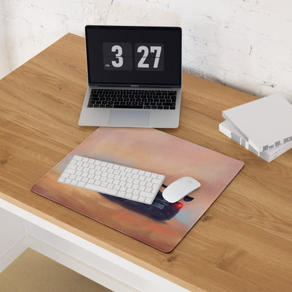 Rectangular high-precision xl gaming mousepad with a mclaren senna inspired car image at warm papaya sunset hues