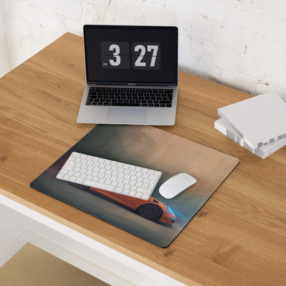 Rectangular low-friction cloth mousepad with an orange porsche 911 gt3 rs inspired sports car on a dark gradient background