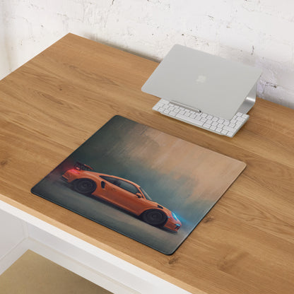 Porsche 911 gt3 rs inspired lava orange desk mat with orange sports car graphic on low friction textured cloth surface