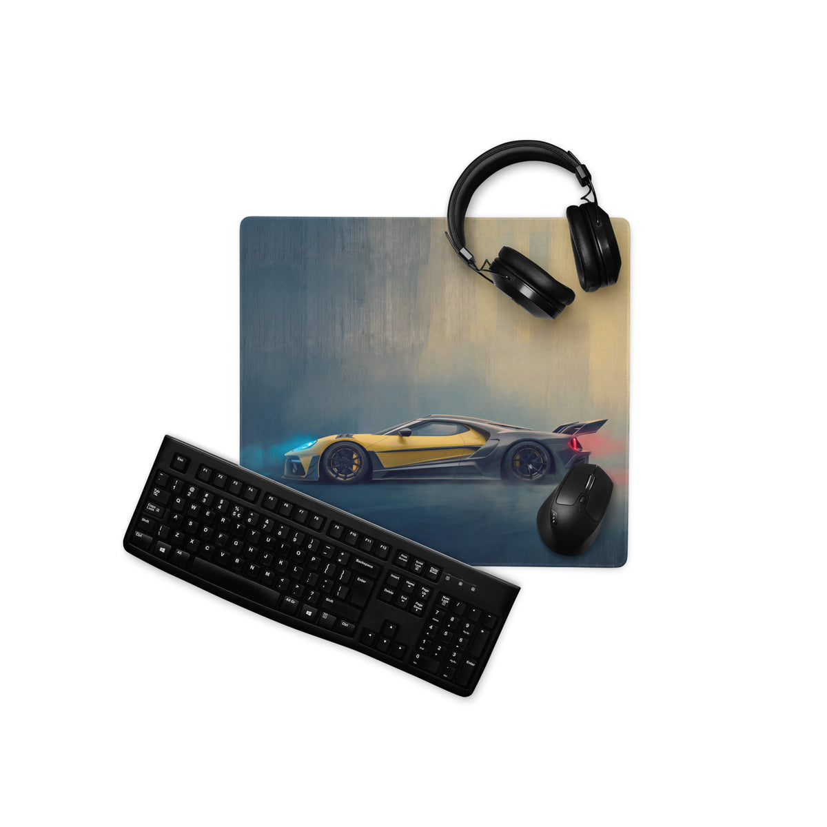 Yellow and black Ford GT inspired speed graphic on high-precision XL gaming mousepad desk mat