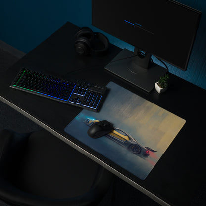 Rectangular gaming mousepad with Ford GT inspired silver and yellow sports car design and red accent lighting effects