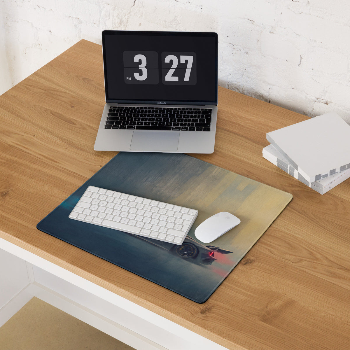 Rectangular ford gt inspired speed yellow desk mat with dark blue to yellow gradient and car front illustration on wood desk