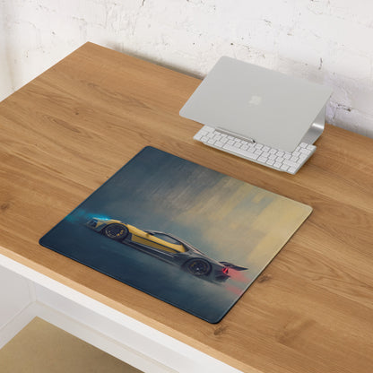 Rectangular ford gt inspired speed yellow desk mat with vibrant yellow black sports car graphic and glowing blue red accents