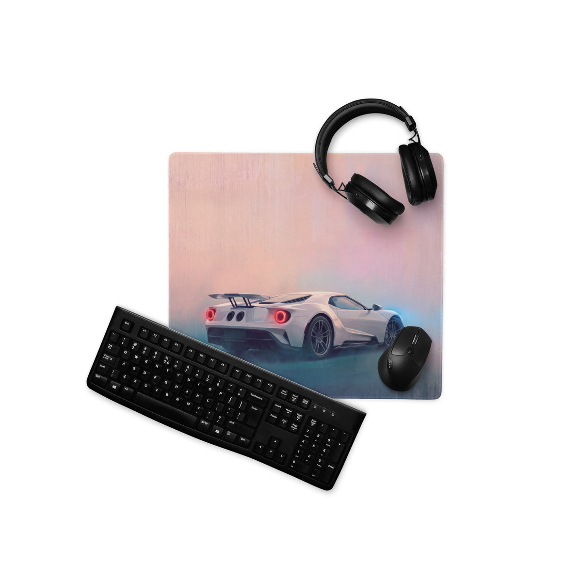 Ford GT inspired pure white gaming desk pad featuring a glossy image of a white Ford GT with glowing red taillights